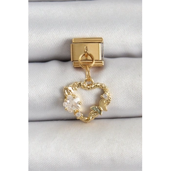 Mey İthalat® 316L Çelik Sallantılı Zirkon Taşlı Kalp Model Gold Renk Nomination Charm