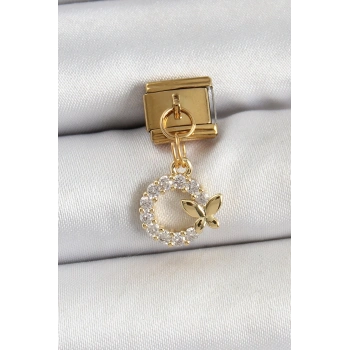 Mey İthalat® 316L Çelik Sallantılı Zirkon Taşlı Kelebek Detaylı Halka Model Gold Renk Nomination Charm