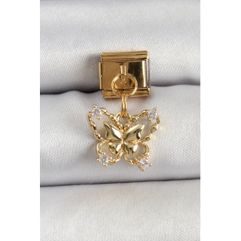 Mey İthalat® 316L Çelik Sallantılı Zirkon Taşlı Kelebek Model Gold Renk Nomination Charm