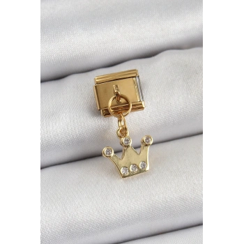Mey İthalat® 316L Çelik Sallantılı Zirkon Taşlı Kraliçe Tacı Model Gold Renk Nomination Charm