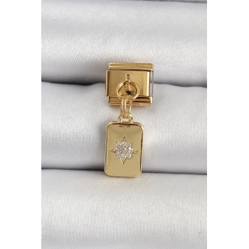 Mey İthalat® 316L Çelik Sallantılı Zirkon Taşlı Kutup Yıldızı Figürlü Dikdörtgen Model Gold Renk Nomination Charm