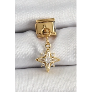 Mey İthalat® 316L Çelik Sallantılı Zirkon Taşlı Kutup Yıldızı Model Gold Renk Nomination Charm