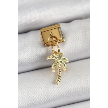 Mey İthalat® 316L Çelik Sallantılı Zirkon Taşlı Palmiye Ağacı Model Gold Renk Nomination Charm