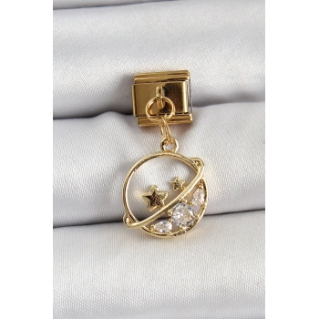 Mey İthalat® 316L Çelik Sallantılı Zirkon Taşlı Satürn Model Gold Renk Nomination Charm
