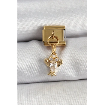 Mey İthalat® 316L Çelik Sallantılı Zirkon Taşlı Yengeç Model Gold Renk Nomination Charm