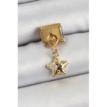 Mey İthalat® 316L Çelik Sallantılı Zirkon Taşlı Yıldız Model Gold Renk Nomination Charm