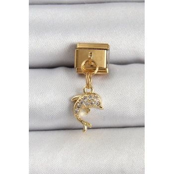 Mey İthalat® 316L Çelik Sallantılı Zirkon Taşlı Yunus Balığı Model Gold Renk Nomination Charm