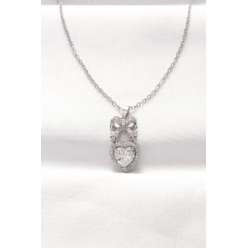Mey İthalat® 316L Çelik Silver Renk Zirkon Taşlı Kalpli Fiyonk Kolye