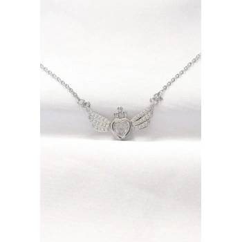 Mey İthalat® 316L Çelik Silver Renk Zirkon Taşlı Kalpli Kanat Kolye