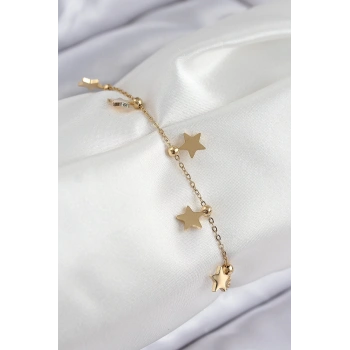 Mey İthalat® 316L Çelik Sıralı Yıldız Model Gold Renk Kadın Bileklik