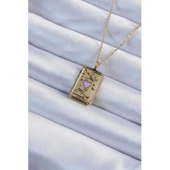 Mey İthalat® 316L Çelik Zincir Eskitme Altın Renk Pembe Mineli Kalp Figürlü Tarot Kolye