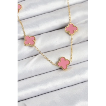 Mey İthalat® 316L Çelik Zincir Gold Pembe Renk Yonca Kadın Kolye