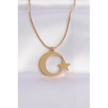 Mey İthalat® 316L Çelik Zincir Gold Renk Ay Yıldız Unisex Kolye