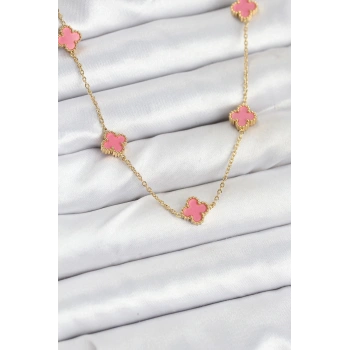Mey İthalat® 316L Çelik Zincir Gold Renk Pembe Baby Boy Yonca Kadın Kolye