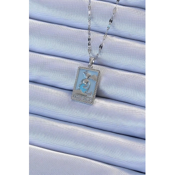 Mey İthalat® 316L Çelik Zincir Gümüş Renk Mavi Mineli Tarot Kolye