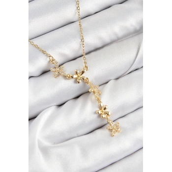Mey İthalat® 316L Çelik Zirkon Taşlı Çiçek Model Gold Renk Kadın Kolye