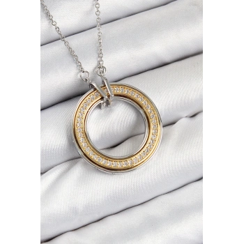 Mey İthalat® 316L Çelik Zirkon Taşlı Dönen Daire Model Gold Ve Gümüş Renk Kadın Kolye
