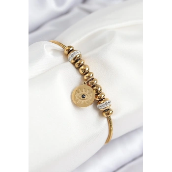 Mey İthalat® 316L Çelik Zirkon Taşlı Göz Charm Model Gold Renk Kadın Bileklik