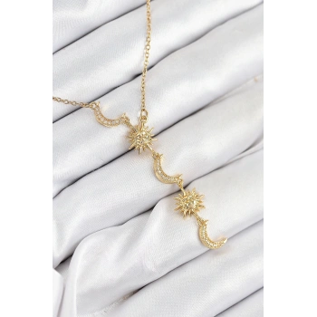Mey İthalat® 316L Çelik Zirkon Taşlı Güneş Ve Ay Model Gold Renk Kadın Kolye