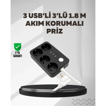 Mey İthalat® 4.1A Hızlı Şarjlı Akım Korumalı 4 Priz ve 3 USB Çıkışlı Priz