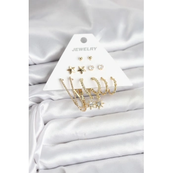 Mey İthalat® 6 Çift Kadın Küpe Seti Gold Renk