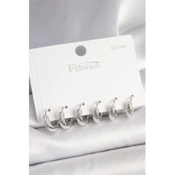 Mey İthalat® 925 Ayar Gümüş Çivi Pirinç Gümüş Renk İşlemeli Halka Model Kadın Küpe Seti