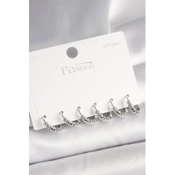 Mey İthalat® 925 Ayar Gümüş Çivi Pirinç Gümüş Renk Kalp İşlemeli Halka Model Kadın Küpe Seti