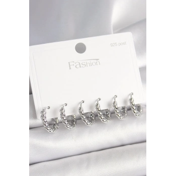 Mey İthalat® 925 Ayar Gümüş Çivi Pirinç Gümüş Renk Sarmal Halka Model Kadın Küpe Seti