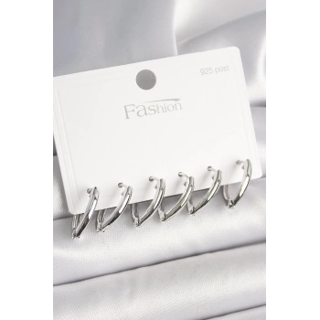 Mey İthalat® 925 Ayar Gümüş Çivi Pirinç Gümüş Renk Üçgen Model Kadın Küpe Seti
