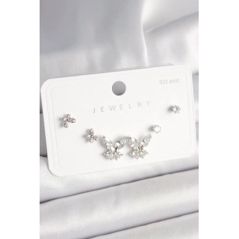 Mey İthalat® 925 Ayar Gümüş Çivi Pirinç Zirkon Taşlı Kelebek Model Kadın Küpe Seti