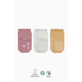 Mey İthalat®   Basic Kaymaz Penye Soket Çorap 3Lü BS10107 Pudra Ekru Somon