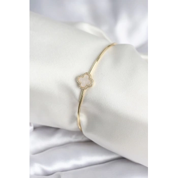 Mey İthalat® Beyaz Sedefli Yonca Model Gold Renk Kadın Bileklik