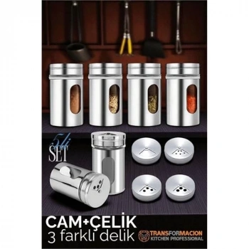 Mey İthalat® Cam+Çelik Tuzluk Biberlik Karabiberlik 3 Farklı Delikli 5 li SET 721945