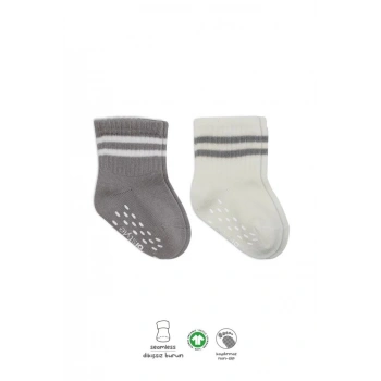 Mey İthalat®   Çemberli Kaymaz Soket Çorap 2Li BS10125 Gri Ekru