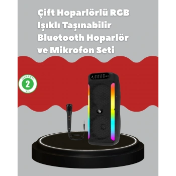 Mey İthalat® Çift 4 inç Hoparlörlü RGB Işıklı Bluetooth Ses Sistemi