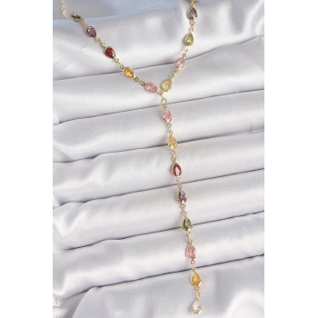 Mey İthalat® Gold Karışık Renk Zirkon Taşlı Y Pirinç Kolye