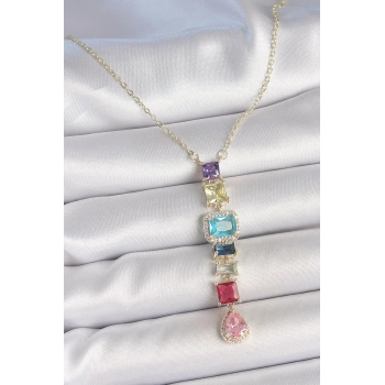 Mey İthalat® Gold Karışık Renk Zirkon Taşlı Y Pirinç Kolye