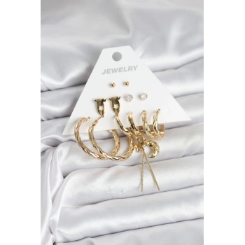 Mey İthalat® Gold Renk Pirinç 6lı Kadın Küpe Seti