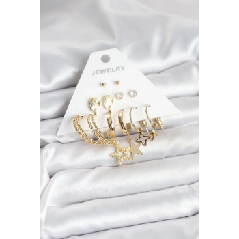 Mey İthalat® Gold Renk Yıldızlı Set 6 Çift Kadın Küpe Seti