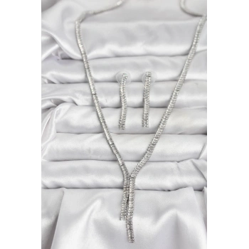Mey İthalat® Gümüş Renk Baget Zirkon Taşlı Kadın Kolye Küpe Set