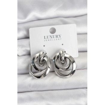 Mey İthalat® Gümüş Renk Halka Model Pirinç Kadın Küpe