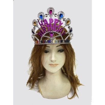 Mey İthalat® Gümüş Renk Happy Birthday Yazılı Doğum Günü Tacı 60 cm