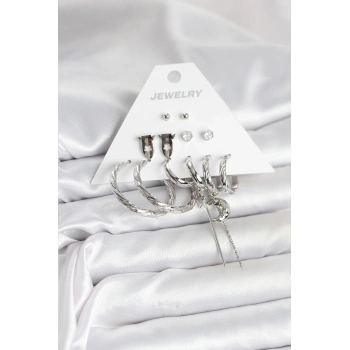 Mey İthalat® Gümüş Renk Pirinç 6lı Kadın Küpe Seti
