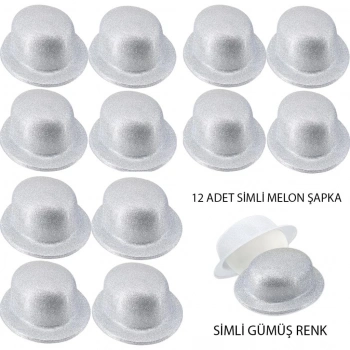 Mey İthalat® Gümüş Renk Simli Melon Yuvarlak Parti Şapkası 12 Adet
