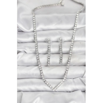 Mey İthalat® Gümüş Renk Zirkon Taşlı Kadın Kolye Küpe Seti