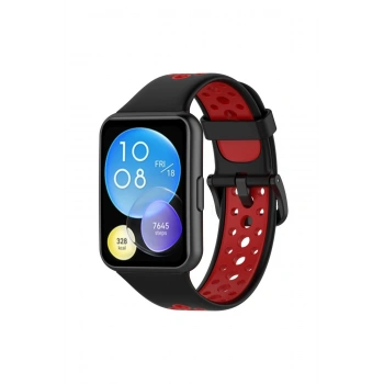 Mey İthalat®  Huawei Watch Fit 2 Spor Delikli Kordon - Siyah-Kırmızı