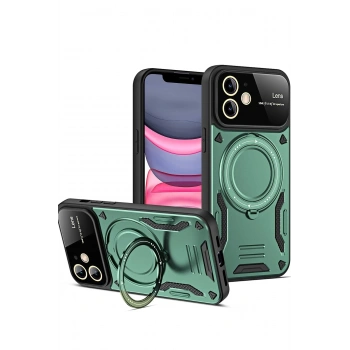 Mey İthalat®   iPhone 11 Kılıf Joy Lens Standlı Kapak - Koyu Yeşil