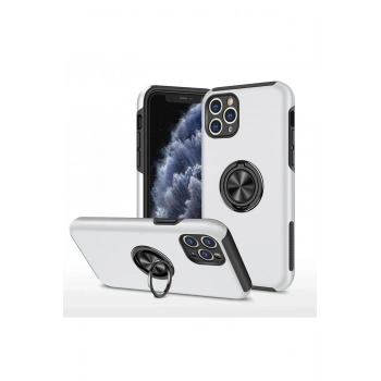 Mey İthalat®   iPhone 11 Pro Max Kılıf Elit Yüzüklü Kapak - Gümüş