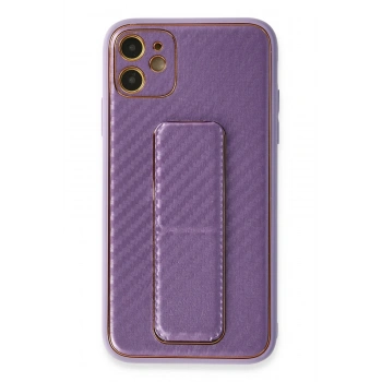 Mey İthalat®   iPhone 12 Kılıf Coco Karbon Standlı Kapak - Mor