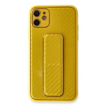 Mey İthalat®   iPhone 12 Kılıf Coco Karbon Standlı Kapak - Sarı